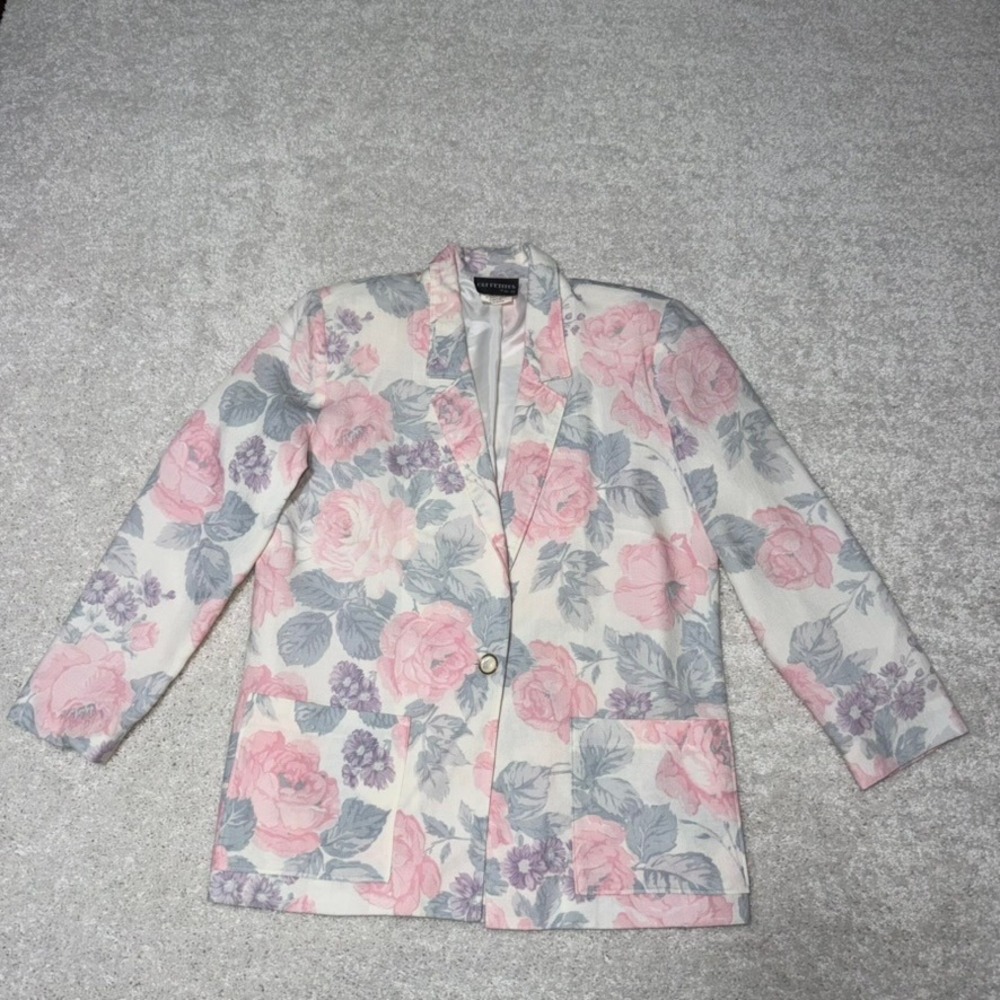 Oui Petites by Tan Jay Vintage Floral Blazer Pink Rose Print Size 8 Petite